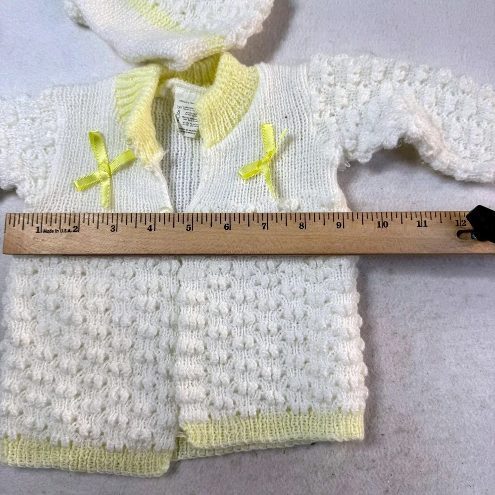 Crochet Baby Knit 3pc Set Sweater Pants Bonnet 0-3M Popcorn Vintage Cottagecore